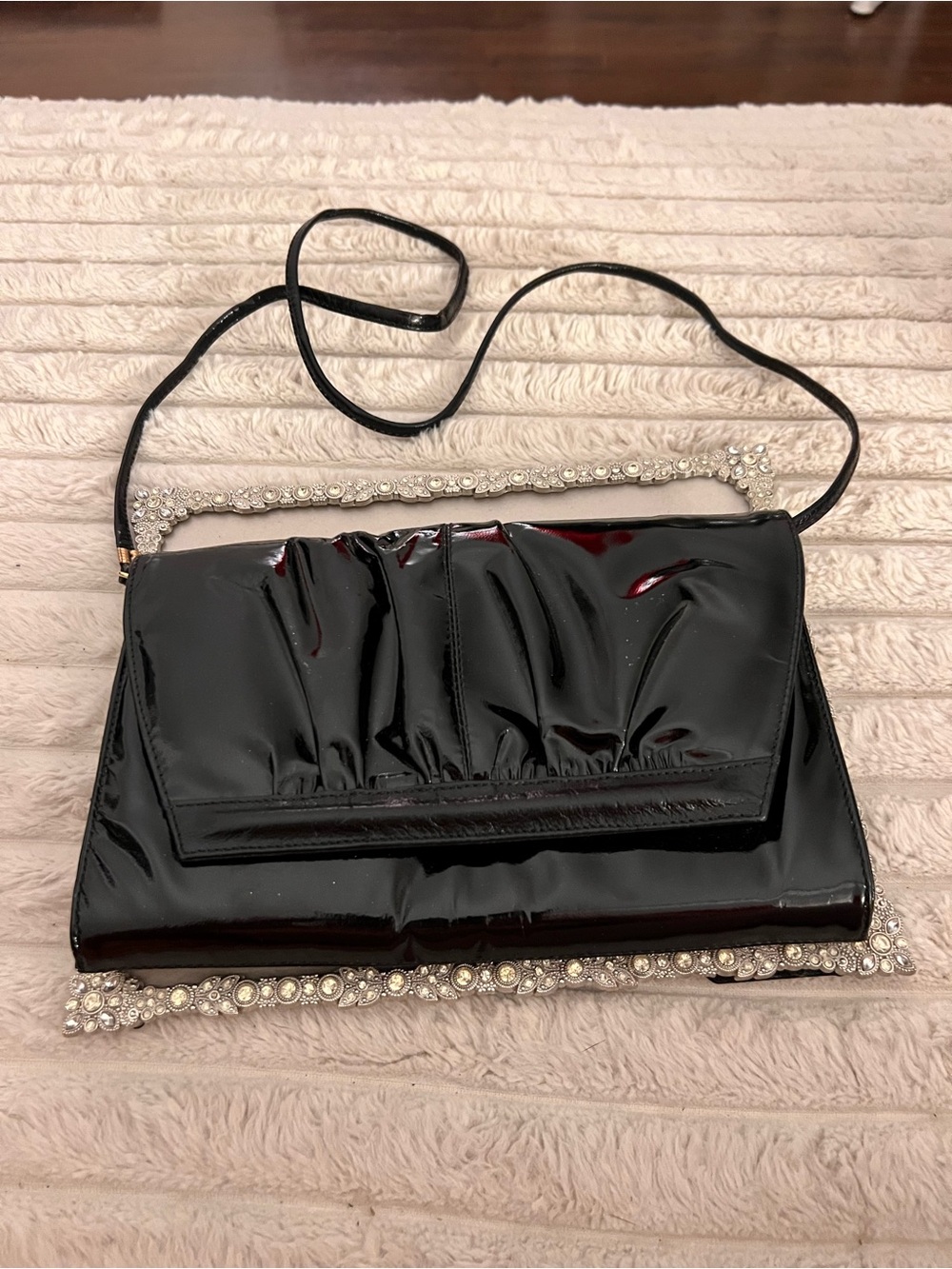 80’s Black Patent Evening Clutch with Crystal Trim